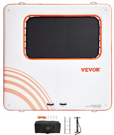 VEVOR Inflatable Floating Dock, 10x10FT Inflatable Dock Platform with 4*7FT Trampoline Mesh Pool, Non-Slip Floating Platform Water Mat with Portable Bag & Detachable Ladder for Pool Beach Relaxation