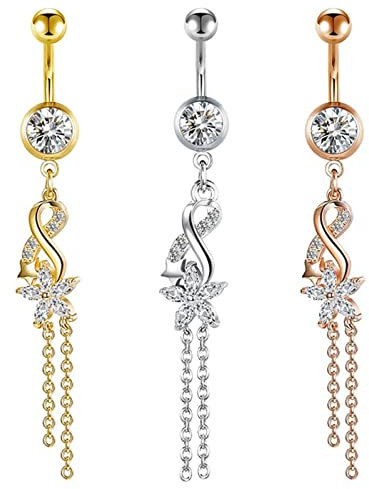 Epinki Piercing Schmuck, 3 Stücke Piercings Set, Edelstahl Nabelpiercing Blumen Kette Bauchnabelringe Piercing mit Anhänger Zirkon Körperschmuck, Tricolor