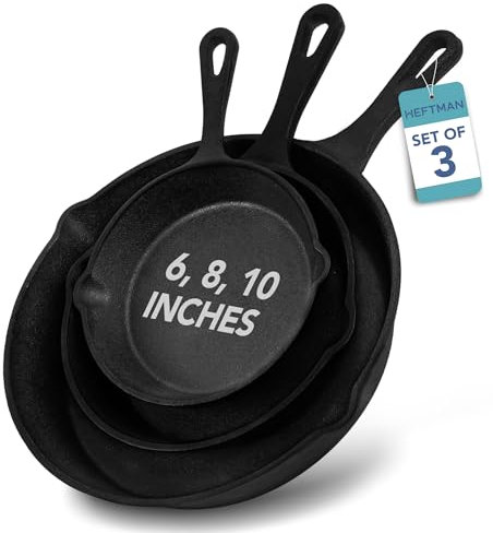 HEFTMAN Set di 3 padelle in ghisa (15,2 cm, 20,3 cm, 25,4 cm), pre-stagionate
