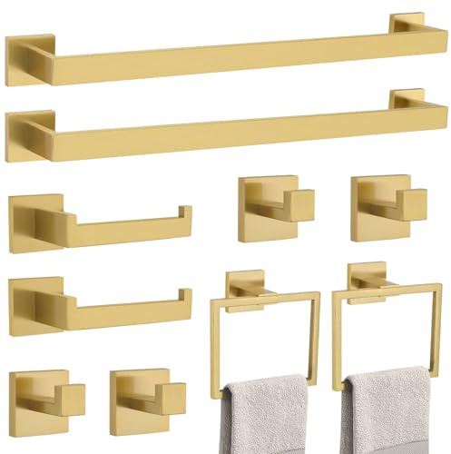 10-Piece Bathroom Hardware Accessories Set-Brushed Gold Towel Bar, Holder & Racks-SUS304 Stainless Steel-Wall Mounted,23.6-Inch