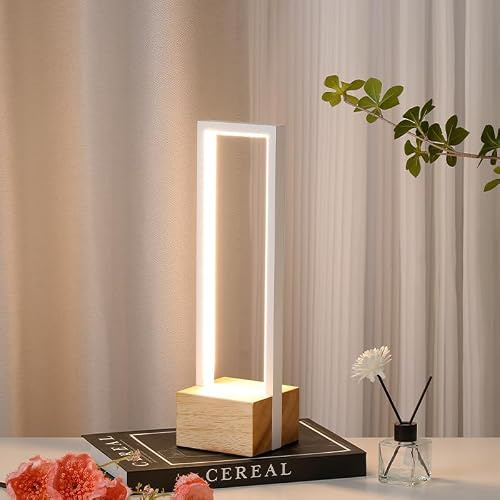 himmel Dimmbare LED-Tischlampe, quadratische moderne Nachttischlampe mit 3-Farb-Temps, Aluminiumrahmen, komplette hölzerne Basis, Touch Control Schalter Nachttisch Lampe für Schlafzimmer (weiß)