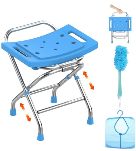 UGarden Height Adjustable Folding Shower Chair Seat, Stainless Steel Shower Chair for Inside Shower w/Crossbar, 420LB Portable Travel Shower Stool, Safety Anti-slip Bath Chair for Seniors, Adults,Blue