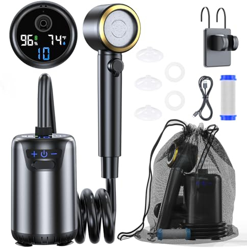 Portable Shower for Camping,8000mAh Rechargeable 160~220 Minutes Long-Runtime Camping Shower Pump with 10 Spray Modes,Fahrenheit Display, IPX8 Waterproof Outdoor Camp Pump for Hiking, Travel, Car, Pet