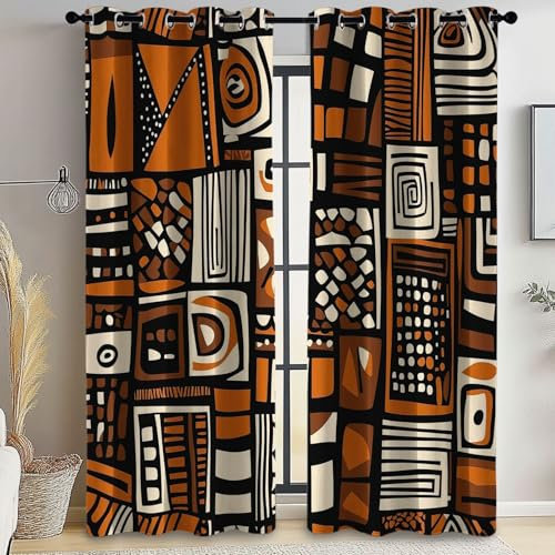 Verdunkelungsvorhänge Set H 215 x B 91.5 cm (2er Pack) mit Ösen, vorhänge Blickdicht Traditionell Afrikanische Elemente dekorativem Design für Schlafzimmer und Wohnzimmer, vorhänge Braun