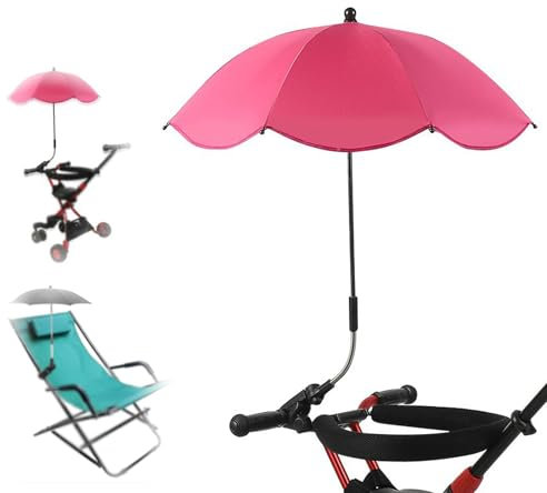 Barnvagnsparasol, bärbart UV-skydd trädgårdsparasoll D 66 cm, vattentätt universellt barnvagnsparasol, klämma och flexibel arm baby baldakin för buggy cykel rullstol strandstol, Rosenröd