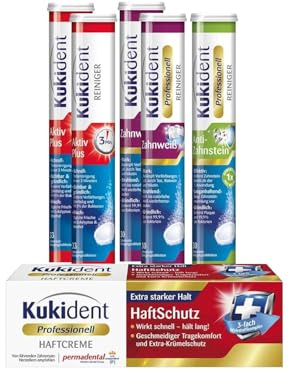 Kukident Set: Anti-Zahnstein 1x30, Zahnweiß 1x30, Aktiv Plus 2x33 Tabs, Haftcreme 1x40g – Reinigung, Haftung & Frische für Zahnprothesen – Rundum-Schutz im Komplettset
