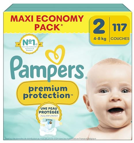 Pampers Premium Protection Taille 2, 117 Couches, 4kg-8kg, Double Protection Pour La Peau Et Contre Les Fuites