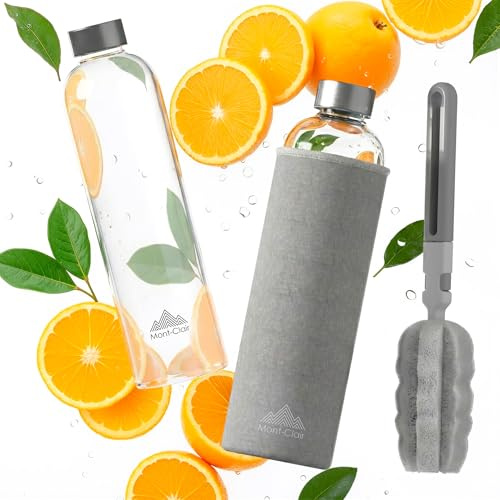 Gourde Borosilicate Kristal 1L - Housse Néoprène - Anti-Fuite - Sans BPA | Verre Exempt de BPS, PVC et Plomb pour un Goût Pur, Résistant aux Chocs, Écologique, Réutilisable - Gris