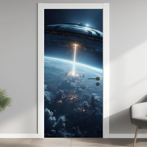 Raumschiff Türaufkleber, Science-Fiction Türfolie Selbstklebende Fototapete, Futurismus Türposter Abnehmbar Türfolie PVC Für Tür Schlafzimmer Badezimmer Türaufkleber 100x200 cm