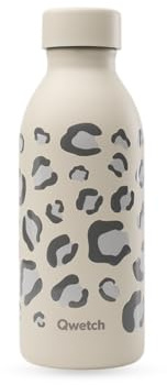 Qwetch ICON - Botella isotérmica de 500 ml de leopardo arena – Botella de diseño compacto y elegante de acero inoxidable reciclado, 24 horas frías y 12 horas cálidas, resistente al agua
