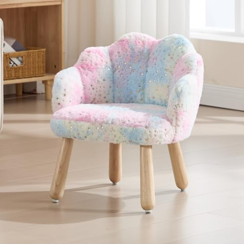 DAYALANE Barnstol, barnstol, barnsoffa, minifåtölj med blomformat ryggstöd, träben, barnsoffa med armstöd för barnrum, lekrum, regnbåge, rosa