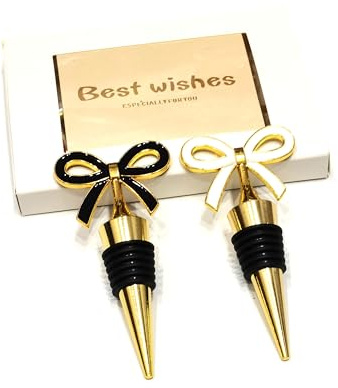 Climple Bow Weinverschlüsse für Weinflaschen, 2er-Pack – Goldenes Fliegenverschluss-Flaschenset – Schwarz, Weiß Festliche Schleife für Weinverschlüsse, Feiertage, Feste, Bankette, Hochzeitsdekoration