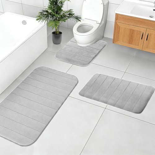 RANJIMA Badematte 3er Set, Weicher Mikrofaser Badezimmerteppich, Badteppich rutschfest Waschbar Badvorleger Set für Dusche, WC & Badewanne, U-Form Bad Toilette Teppich, Hellgrau（U50x60+40x60+50x80cm）