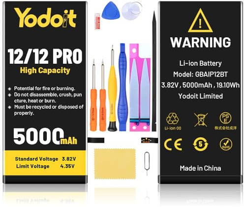 Yodoit Batterie pour iPhone 12/12 Pro, 5000mAh Batterie 0 Cycle Haute Capacité avec Outils de Réparation