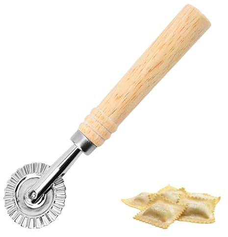 Pasta Cutter Wheel Ravioli Cutter Long Wooden Handle Pasta Pastry Cutters Wheel Dough Fluted Portable Dumpling Lace Making Biscuit Mold Suitable Kitchen Home (Silver 6.3 Inches)