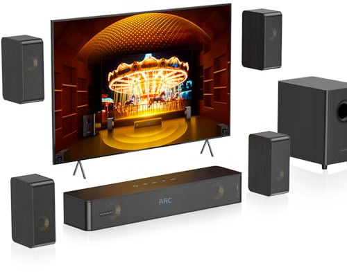 Hiwill-Audio 5.1.2 Barre de Son TV Home Cinéma en Bois, 400W Peak Power, Son Surround Virtuel & Voix Claires, 4 Enceintes Filaires, Caisson de Basses 5,25'', BT5.3/Arc/Opt/AUX