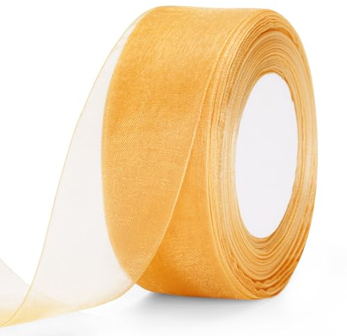 jijAcraft 4cm Organzaband Goldgelb: 45M Transparent Geschenkband, Tüll Schleifenband, Dekoband Rolle für Geschenkverpackung, Floristik, Hochzeit