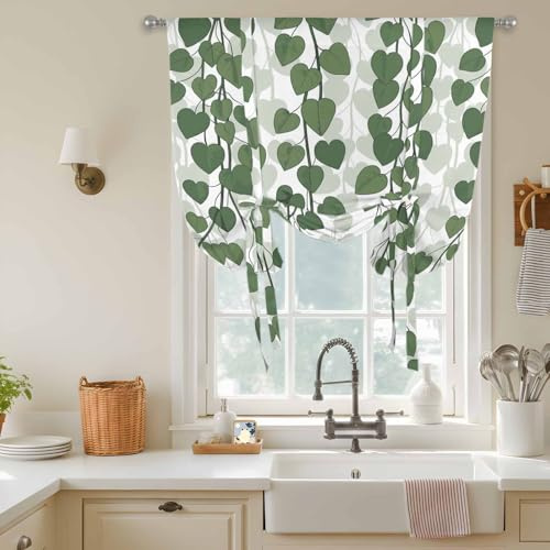 Cuang Life Tie Up Curtains for Windows Spring Plants Ivy Rod Pocket Window Shade Adjustable Balloon Curtain Valance for Bedroom Kitchen Bathroom Blinds 34x45in Green Heartleaf Philodendron