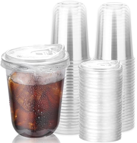 50 Pack 16 Oz Reusable Clear Plastic Cups, Heavy Duty PET Multi-Use Cups with Strawless Sip Lids, Strong Round Bottom Togo Cup for Smoothies Milkshake Iced Coffee, Washable Party Catering BBQ Cups