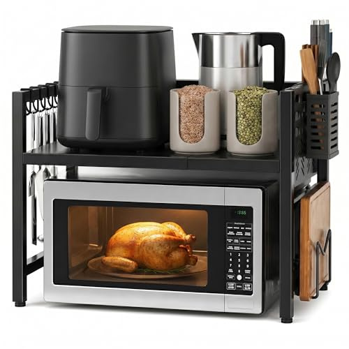 DOMIPODS - Soporte ajustable para microondas – Estante Cocina Multifuncional con Ganchos, Soporte para Cuchillos y Tabla de Corte – Organizador de Encimera Resistente Ahorro de Espacio
