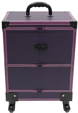 Professional Rolling Makeup Train Case, Lockable Cosmetic Trolley with Mirror & Swivel Wheels, Large Storage Traveling Cart Trunk, Cosmetic Train Case for Nail Technicians Hairstylist, Purple