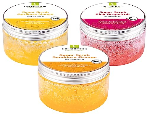 GREENDOOR Körperpeeling SPARSET Sugar Scrub FRUCHT 690g, 3 Zuckerpeeling, natürlich ohne Mikroplastik, Naturkosmetik vegan, Natur Haut-Peeling, Body-Scrub, Geschenke