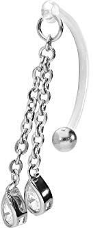 PIERCINGLINE PMFK Banana con design in acciaio chirurgico, catena + 2 gocce di cristallo, piercing per zona intima, addome, colori assortiti, Acciaio chirurgico 316L / PMFK