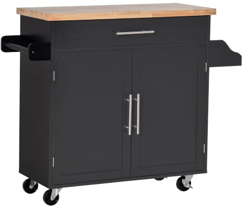 HOMCOM Carrello da Cucina Multiuso con Cassetto, 109x40x89 cm Nero | Ruote, Portaspezie e Armadietto, Mobiletto Cucina con Ripiano Regolabile, Portasciugamani, Piano in Legno di Caucciù