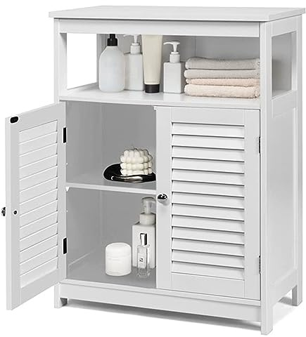 COSTWAY Badezimmerschrank weiß, freistehender Badschrank Aufbewahrungsschrank mit 2 Rollladentüren, Küchenschrank Badkommode Holz für Bad Küche Wohnzimmer (Weiß)