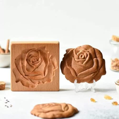 Funny Cookie Cutter Wooden Carved Embossing Mold for Gingerbread, DIY Shapes Cookie Stamp Biscuit Moulds for Cake Decorating Dessert Chocolate Sugar Craft, Kitchen Baking Tools (Cookie Rose)