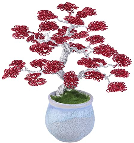 rockcloud Geldbaum-Skulptur aus Aluminiumdraht mit Keramiksockel, Feng Shui, Bonsai, Heimbüro, Dekoration für Glück und Reichtum, Rot und Silber