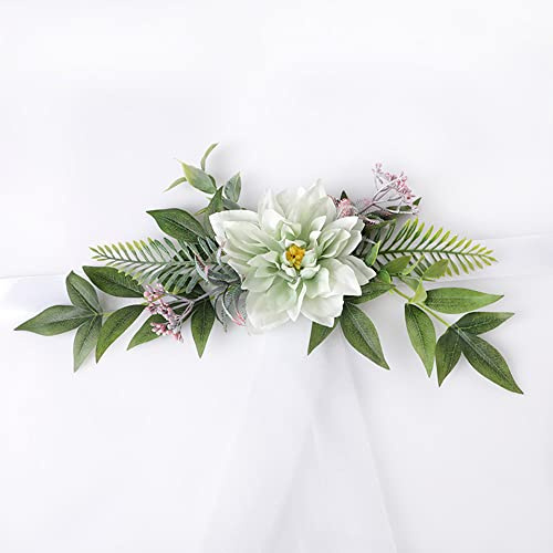 Duories 2 Stück Stuhlschärpen mit Künstliche Blumen Deko, Stuhlbezug Hochzeit Stuhl Schleifen Schärpen, Stuhlhussen Stuhlabdeckungsbänder für Party Hochzeit Zeremonie Geburtstag Dekoration,Grün