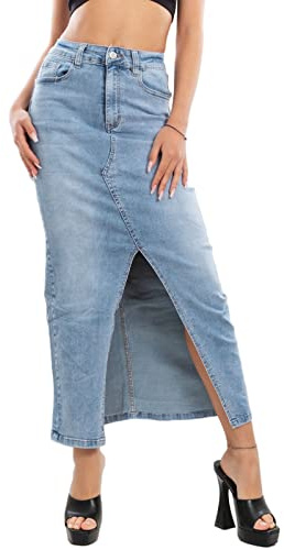 Toocool Gonna Lunga Longuette Jeans Denim Spacco Frontale WH-101 [XS,Blu]