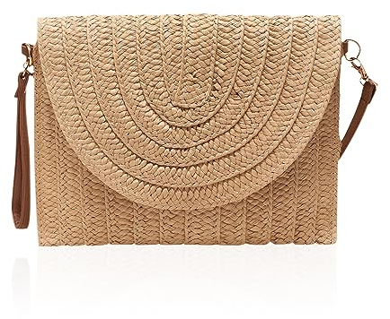 GVSAVY 1 Straw Clutch Bag, Ladies Clutch Handbag, Shoulder Bag, Straw Cross Body bag,Large Capacity Woven Bag, Portable Summer Beach Bag, for Travel, Evening, Beach Party (Khaki Color)