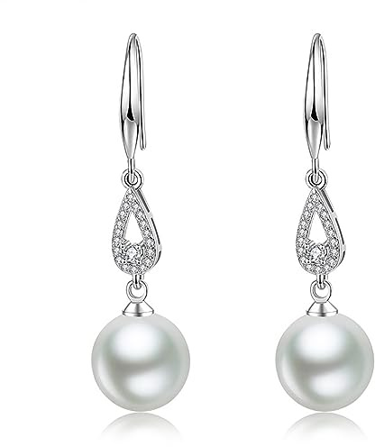 Perlenohrringe Silber 925 Hängend, 10mm Perlen Ohrringe Hängend Silber 925 Ohrhänger Lange mit Perlen für Damen Frauen Mädchen（Round B）