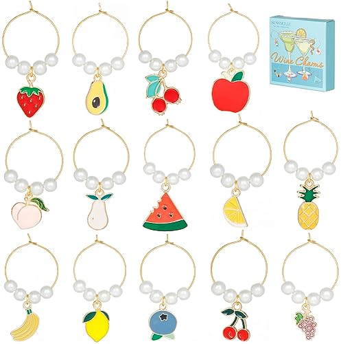 SUNNYCLUE 1 caja 14 juegos de Abalorios para Copas de Vino, Esmalte de Acción de Gracias, Frutas, Marcadores para Copas de Vino, Identificadores de Bebidas, Identificación de Vidrio, Aros de Abalorios