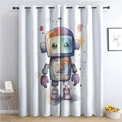 Vorhänge Roboter, Verdunkelungsvorhang 2er Set - Vorhang Blickdicht Kinder Jungen Mädchen Muster, Thermovorhang für Deko Wohnzimmer Schlafzimmer Kinderzimmer, Gardinen mit Ösen 160x132 cm (HxB)