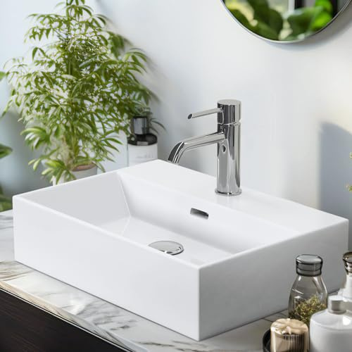 EMKE Waschbecken Aufsatzwaschbecken, Hängewaschbecken für Badezimmer Gäste WC 51 x 36 x 13 cm, Eckig Handwaschbecken Klein Waschbecken Bad Wandwaschbecken Waschtisch Weiß