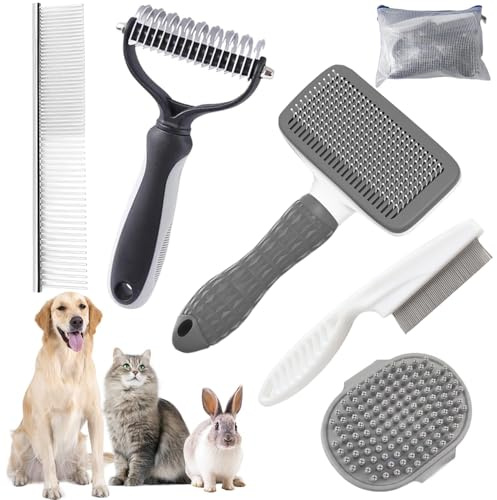 Dog Brush for Grooming,6 PCS in One Pet Slicker Hair Brush Kit Organizer Bag - Dog Cat Grooming Deshedding Undercoat Rake Brush Comb for All Small Large Dogs Cats Grey