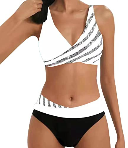 Allegorly Damen Bikini Set Triangel Breites Unterbrustband Zweiteiliger Badeanzug Wickeloptik Lace Up Bikini V Ausschnitt Blumenmuster Zweiteiliger Badeanzug Swimsuit (HJ1D-White, XXL)
