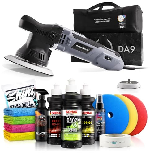 Poliermaschinen Set: chemicalworkz DA9 Exzenter Poliermaschine + Sonax Politur Set + Royal Pads Premium Polierpads + Dr. Wack Lackversiegelung + Zubehör | 14-teilig