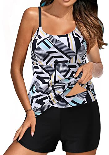 TheSosy Tankini Bathing Suits for Women Two Piece Tankini with Shorts Swimwear Tummy Control Swimsuits Tankini Top Sports Boyshort Women Swimdress 2 Piece Swimsuits Tankini Set Plus Size Ladies Black
