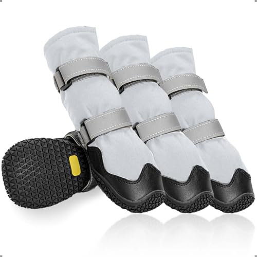 Anti-Rutsch Hundeschuhe mit reflektierenden Riemen wasserdicht, verschleißfeste Leder Gummisohle Hundeschuhe Pfotenschutz fürkleine, mittlere und große Hunde 4 Stück(Größe L, Grau)