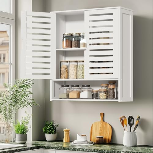 unho Bamboo Bathroom Cabinet Wall Mounted,Over-The-Toilet Storage Organizer, 2 Magnetic Door Medicine Cabinet with Adjustable Shelf for Bathroom or Kitchen White