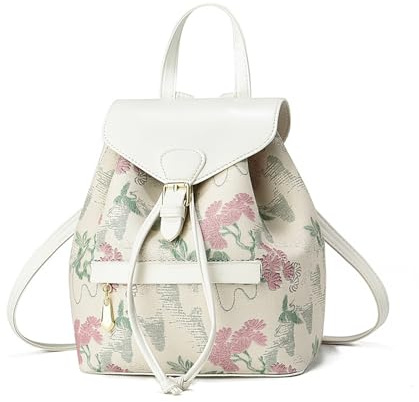 NICOLE & DORIS Sac à Dos Femme Petit Sac a Dos Fleur Sacs à Main Portés Dos Mini Sac à Dos Antivol PU Cuir Sac à Dos Mignon Fille Daypacks avec Rabat Beige