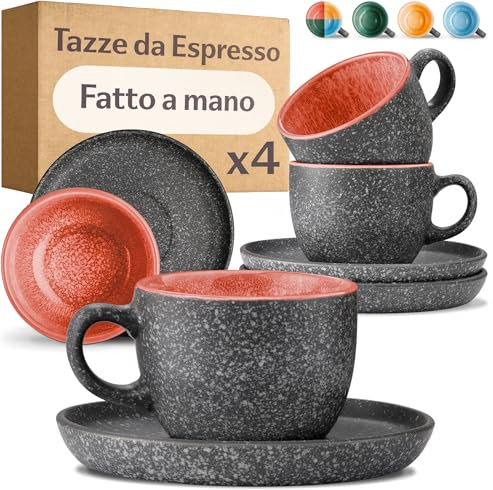 Cosumy Set di 4 Tazzine da Espresso con Piattini - 90ml in Ceramica Gres Spesso con Smalto Reattivo Artigianale – Mantiene il Calore a Lungo (Rosso)