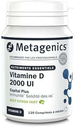 Metagenics Vitamine D3 2000 UI - Haute Dose 50 µg - Soutien Immunitaire & Santé des Os - Sans Gluten, Sans Lactose, Végétarien - 120 Comprimés à Mâcher Goût Citron Vert - 4 Mois