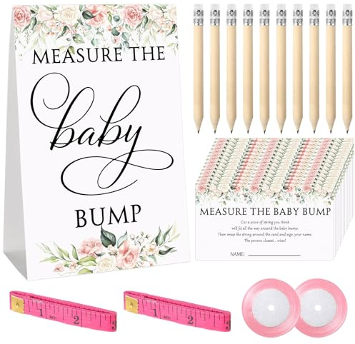 Fumete El juego de 65 piezas para baby shower incluye letrero de medida del golpe del bebé, 50 tarjetas de adivinación, 10 lápices, 2 cintas métricas y 2 cintas amarillas para juego de fiesta de