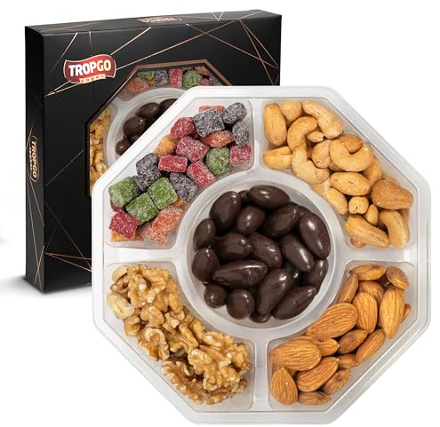 Tropgo 5 Sections Nuts and Sweets Gift Box - Gourmet Snack Box with Raw Walnuts, Raw Almonds, Mango Mini Cubes, Roasted Salted Cashews & Chocolate Almonds - Party Selection Gift Sets