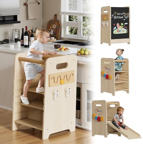 MSFE Torretta Montessoriana 4 in 1 Multifunzionale Torre didattica con lavagna & Scala scorrevole Sgabello da Cucina per bambini Torretta Apprendimento da 1 Anno Altezza regolabile Scala Sgabello